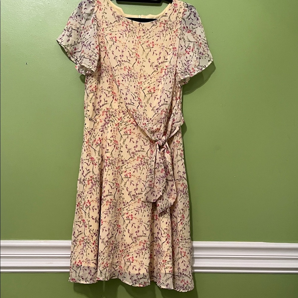 Nicole Miller New York floral faux wrap dress in yellow with flutter sleeves